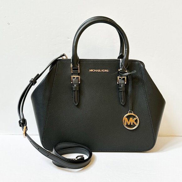 Michael Kors Charlotte Large Top Zip Satchel Shoulder Crossbody Bag Black - Picture 1 of 12